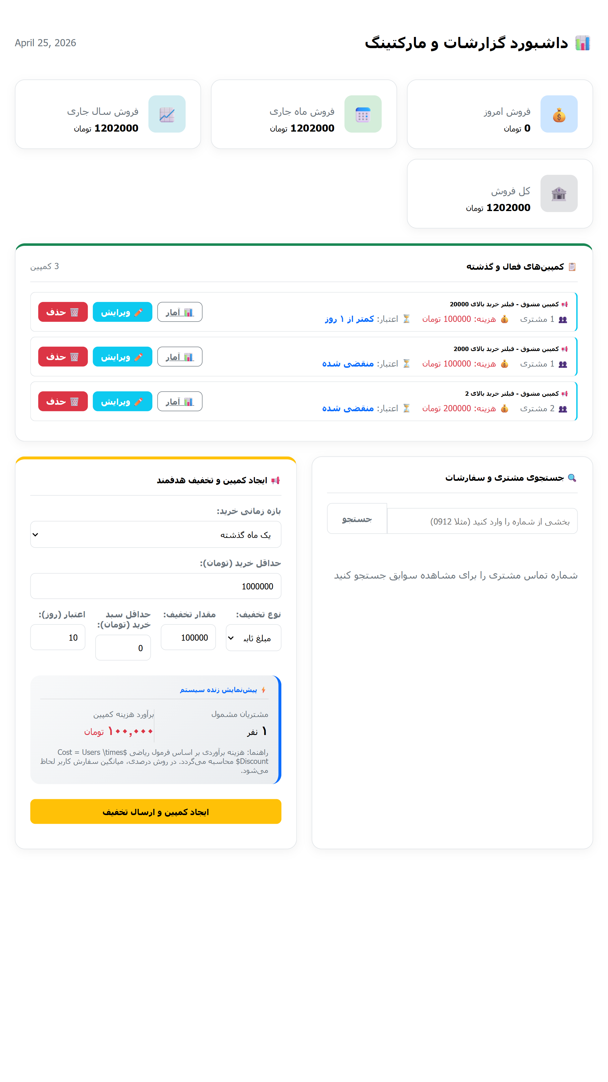 داشبورد گزارشات و مارکتینگ